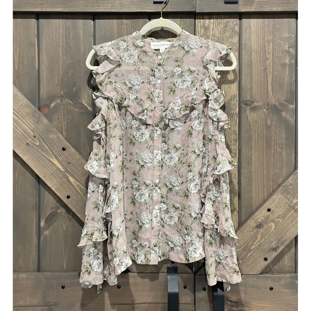 ROBERT RODRIGUEZ Long Sleeve Cold Shoulder Floral Print 100% Silk Blouse‎ Top 6